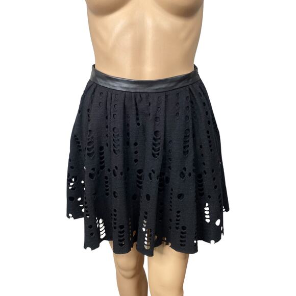 Maje Dresses & Skirts - MAJE Black Pleated Perforated Laser Cut Leather Trim Mini Skirt SZ XS